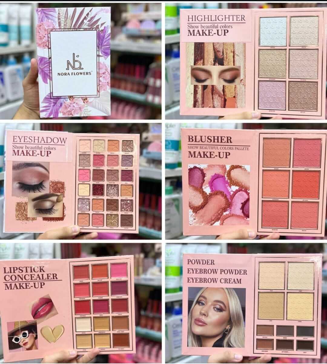 Collage of 4-Step Professional Makeup Book showcasing eyeshadow, highlighter, blusher, and lipstick palettes.