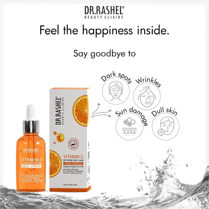Dr. Rashel Vitamin C Face Serum with packaging, promoting bright skin and targeting dark spots, wrinkles, and dullness.