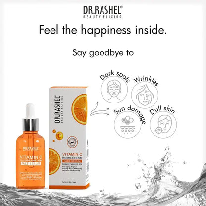 Dr. Rashel Vitamin C Face Serum with packaging, promoting bright skin and targeting dark spots, wrinkles, and dullness.