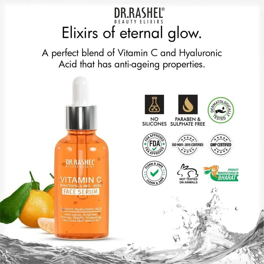Dr. Rashel Vitamin C Face Serum with Hyaluronic Acid for anti-aging and glowing skin, 30ml bottle.