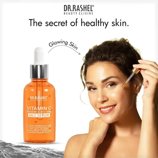 Vitamin C face serum bottle with glowing skin model promoting brightening and anti-aging benefits.