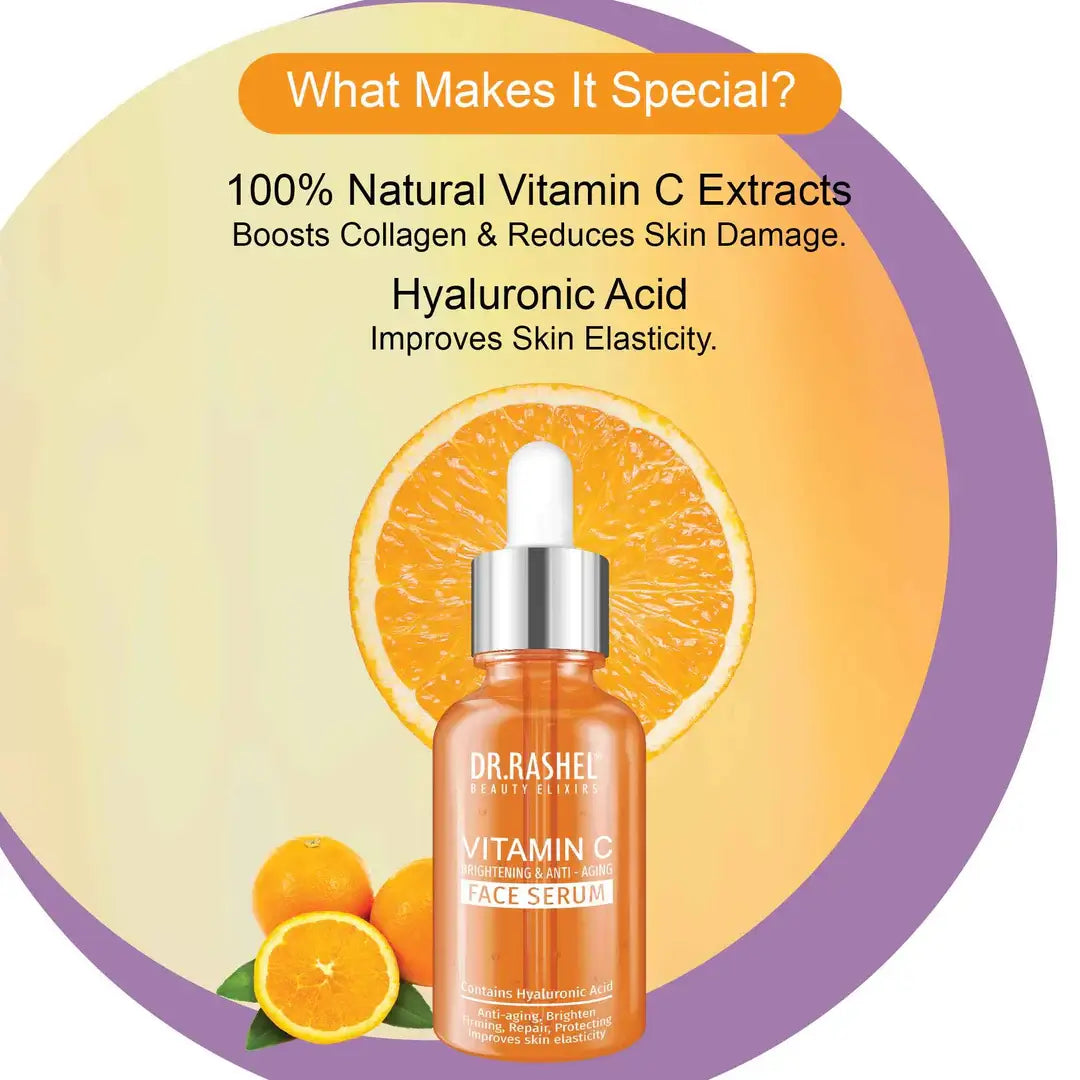 Vitamin C Face Serum with Hyaluronic Acid in a bottle, promoting collagen and skin elasticity, surrounded by oranges.