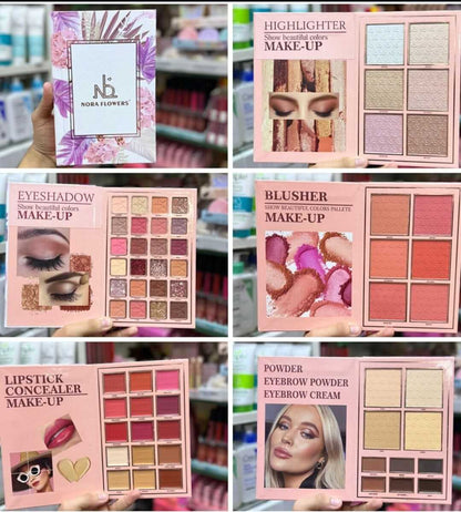 Collage of 4-Step Professional Makeup Book showcasing eyeshadow, highlighter, blusher, and lipstick palettes.