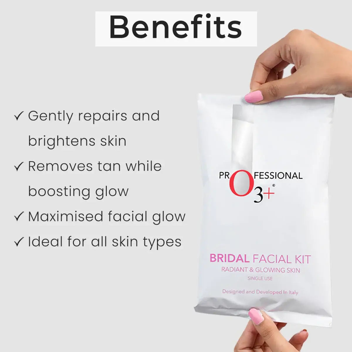 Bridal Facial Kit packaging highlighting benefits for glowing, radiant skin, ideal for all skin types.
