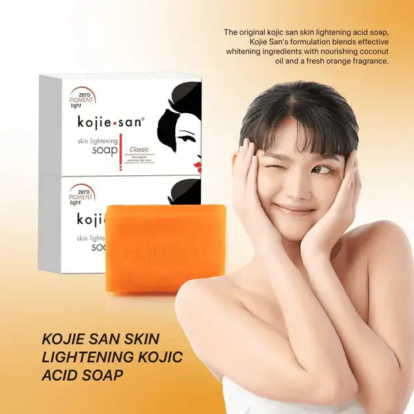 Kojic skin lightening soap packaging with a smiling woman, promoting brightened skin and even tone.